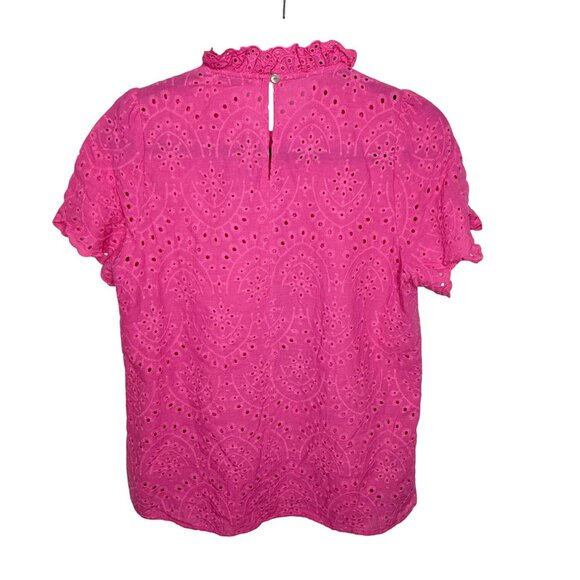 Staccato Pink Eyelet Lace Ruffle Neck Short Sleeve Blouse Top Small - Picture 2 of 8